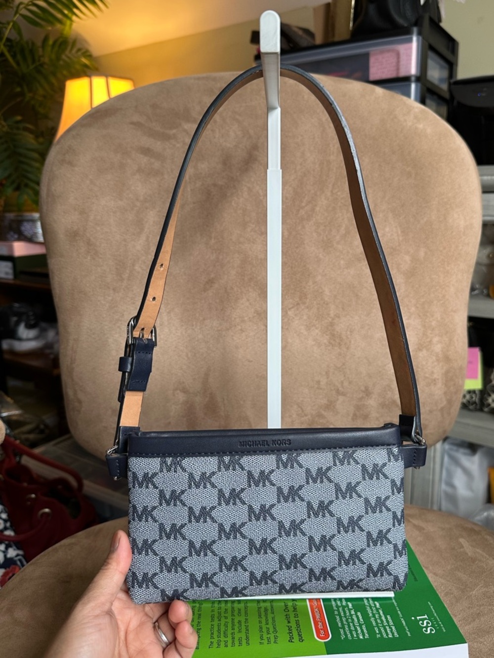 83. Michael Kors Gray & Navy Blue MK XSmall Monogram Belt Bag VeryGood Condition